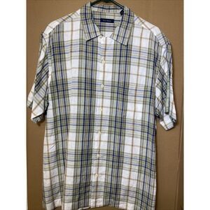 Mens Large CLUB ROOM Short Sleeve Plaid Striped Shirt Linen Rayon Blue Olive Tan